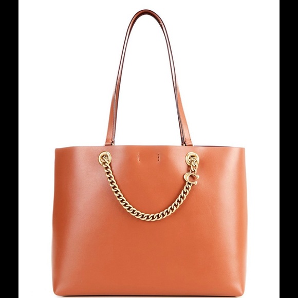 Coach Signature Chain Leather Tote Tan - Picture 2 of 15